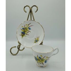 Royal Ascot Tea Cup Saucer Wheat Blue Purple Flower Gold Rim Scallop Footed